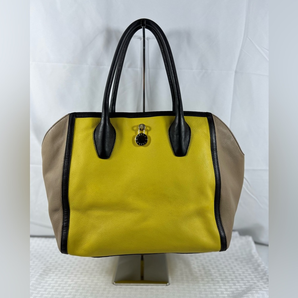 4113: Furla Colorblock Pebbled Leather Tote Bag Yellow Beige Black Made in Italy